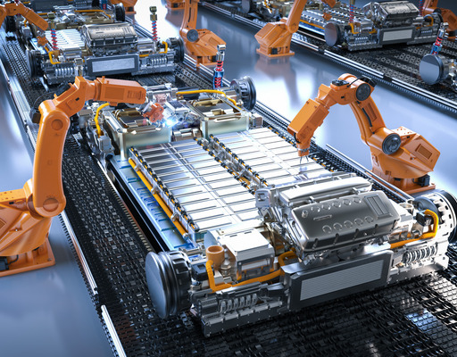 Blick in eine Fabrikhalle: Eine Roboter-Montagelinie baut auf einer Plattform die Batteriezellen für Elektroautos zusammen.