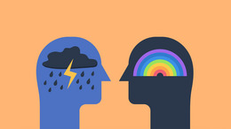 Schematische Darstellung von 2 Köpfen: in einem ist ein Regenbogen zu sehen, in dem anderen ein Blitz